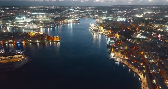 Aerial view of amazing Valletta city at night. Malta island