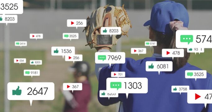 Female fielder raising glove on sports field, live feed overlays drifting displaying metrics