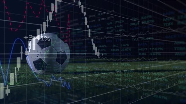 Stock charts fading in, player leg moving toward soccer ball on night pitch showing recovery