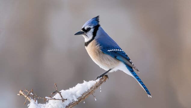 Perching blue jay raising crest while gripping snow-covered twig in winter woods, with icicles