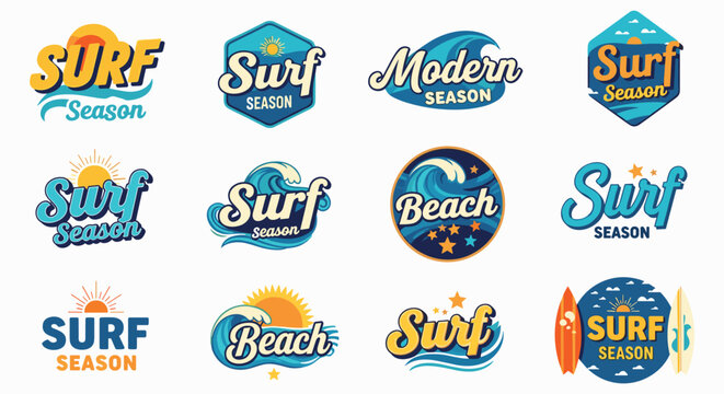 Surf season logos with waves, surfboards, sun, ocean imagery, colorful summer designs, beach theme, vibrant branding graphics, flat vector illustration