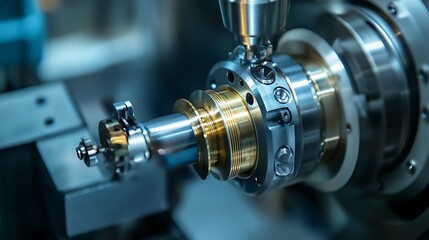 Fototapeta premium Close-up of industrial metal lathe machine in operation
