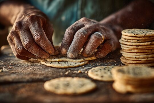 Hands kneading dough for mathri on wooden table, warm lighting creating cozy atmosphere. Concept of flaky biscuit, Indian festive traditional treat preparation.