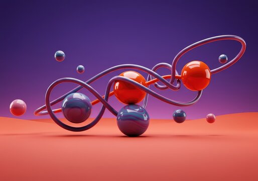 A bizarre landscape featuring gravity-defying spheres entangled in liquid ribbons, rendered in vivid, unexpected color schemes, texture, uncanny, visionary