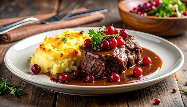 Hirschgulasch mit Preiselbeeren und Kartoffelgratin
