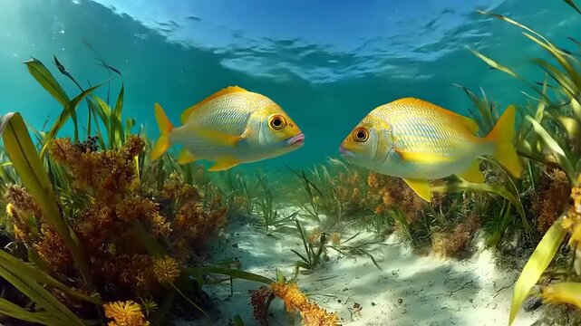 Submerged Rendezvous: Two fish meet amidst the seabed grasses and shimmering waters of the azure ocean depths