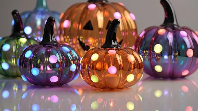 Colorful glass pumpkins with glowing dots on a reflective surface for halloween 4k video