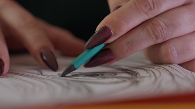 Caucasian Hands Creating Portrait Art. Detailed Pencil Drawing Of Hands With Focused Expression. Vivid Depiction Of Hands Delicately Tracing Portrait Lines Under Gentle Studio Illumination