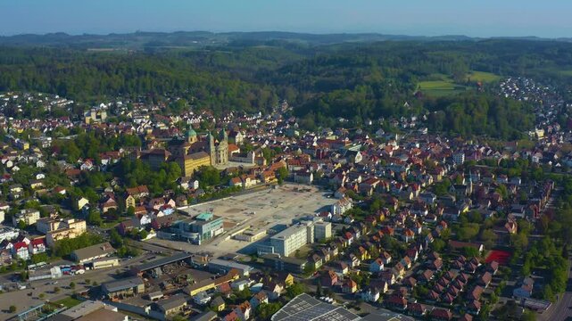 Aerial view of the city and monastery Weingarten in south Germany on a sunny afternoon in Spring 