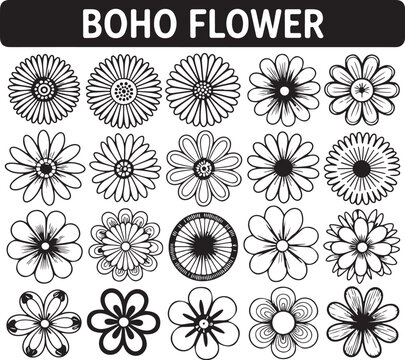 Boho flower illustrations set, decorative floral elements, vintage daisy outlines, simple blooming motifs, ethnic patterns