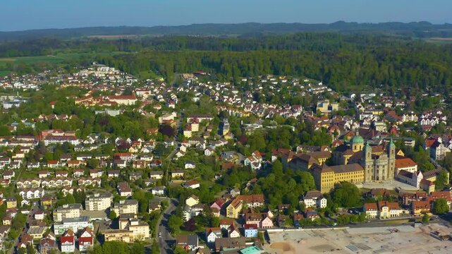 Aerial view of the city and monastery Weingarten in south Germany on a sunny afternoon in Spring 