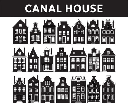Collection of canal house facades in dutch architectural style for historic cityscapes and real estate themes