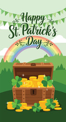 Obraz premium Modern vector illustration of Happy St. Patrick’s Day treasure chest filled with gold coins and shamrocks in festive Irish setting