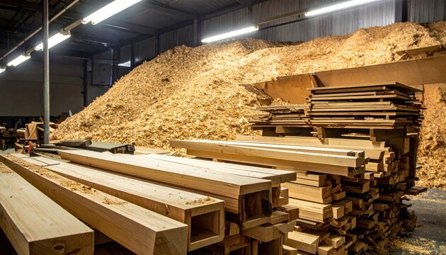 Abundant Lumber and Wood Scraps Sorted by Size and Type in an Industrial Woodworking Facility