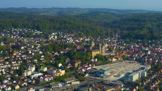 Aerial view of the city and monastery Weingarten in south Germany on a sunny afternoon in Spring 