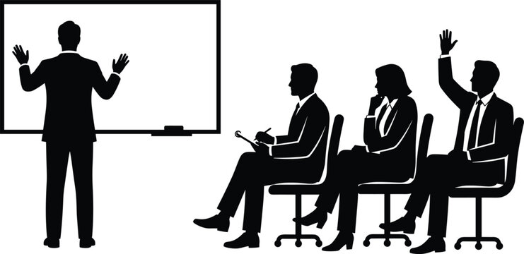A professional black vector silhouette illustration of a business presenter at a whiteboard with colleagues sitting, taking notes, and raising hands for questions.