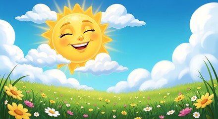Naklejka premium Cheerful cartoon sun smiling in a blue sky with fluffy clouds, over a vibrant meadow