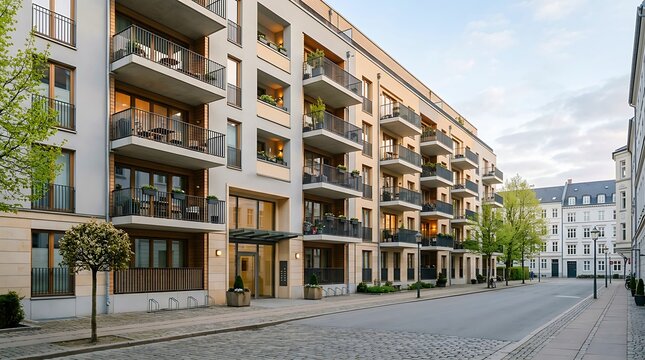 Modern residential building with balconies and large windows in urban neighborhood, beige and white exterior, calm street scene, architectural lifestyle concept