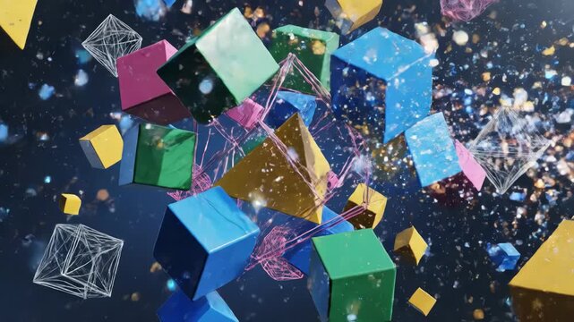 Colorful 3d cubes and geometric shapes floating in space with neon lights 4k video