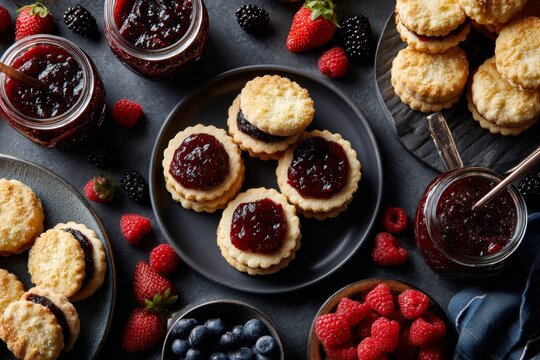 Spitzbube cookies on dark slate surface, surrounded by jars of jam, fresh strawberries, blueberries, blackberries. Concept of filled cookies jam German festive delight.