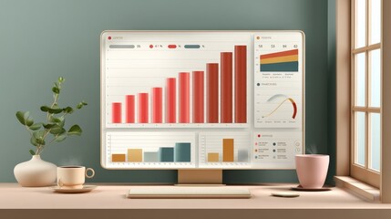 Modern Desktop Workspace with Computer Displaying Colorful Data Visualization Charts for Business Analysis and Performance Metrics Tracking