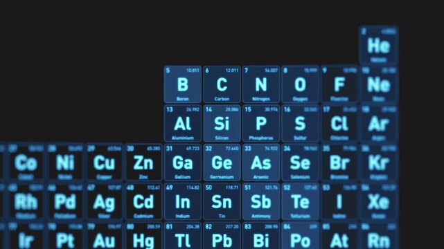 Animated visualization of the Silicon Si chemical element from the periodic table displayed as glowing blue squares in a futuristic scientific interface.