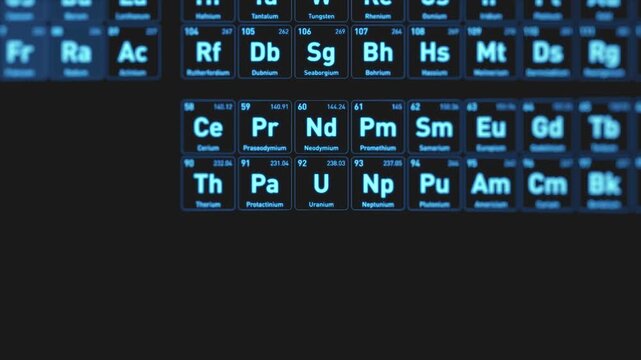 Animated visualization of the Uranium U chemical element from the periodic table displayed as glowing blue squares in a futuristic scientific interface.