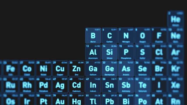 Animated visualization of the Aluminium Al chemical element from the periodic table displayed as glowing blue squares in a futuristic scientific interface.