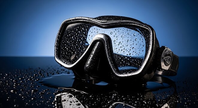 Close-up of a diving mask with water droplets against a blurred blue background