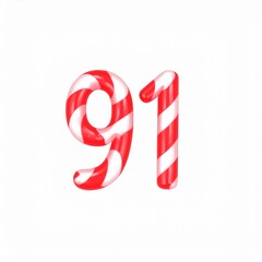Fototapeta premium Candy cane number 91. Red and white striped number on solid white background