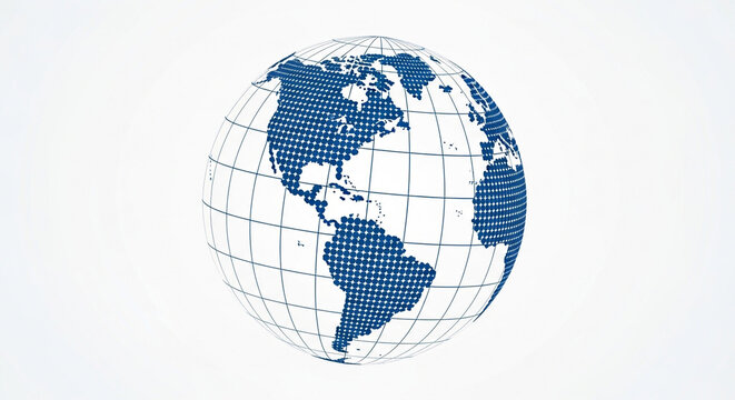 Global network dot matrix style earth map with blue continents on white background for technology and geography concepts