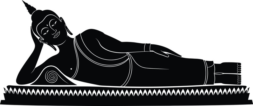 Black and white silhouette of reclining Buddha on ornate platform, symbolizing Parinirvana, peace, enlightenment, meditation, spirituality, and sacred Buddhist iconography in traditional art.