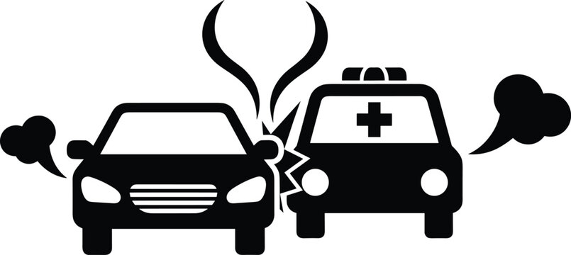 Black silhouette illustration of car crash with ambulance showing collision impact, smoke, and medical cross symbol representing traffic accident, road safety, emergency response, and insurance themes