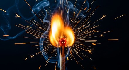 Obraz premium Close-up of a match igniting, showing flames, sparks, and smoke against a black background