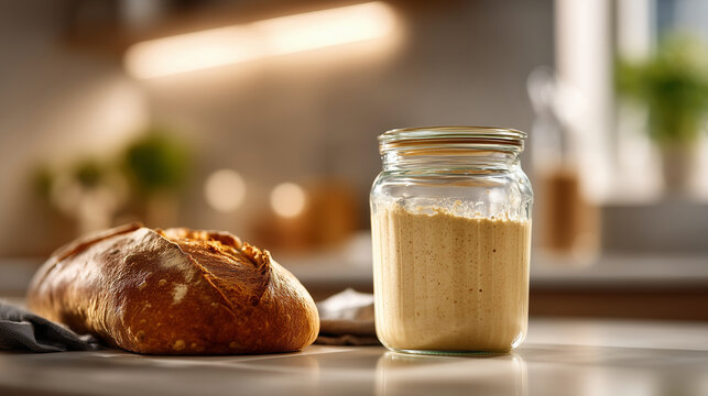 Editorial close-up still life of a glass jar of sourdough bread starter on a clean bright kitchen counter, fine bubbles visible in the fermented dough surface suggesting active bac