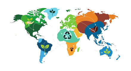 Naklejka premium Global Sustainable Economy Map: Agriculture, Recycling & Ethical Supply Chain World Connections