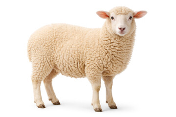 Young sheep lamb isolated on a white background. Farm animal with soft wool standing in studio cut-out style. 