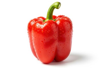 A single, ripe red bell pepper gleams with water droplets against a clean white background, looking incredibly fresh and tasty