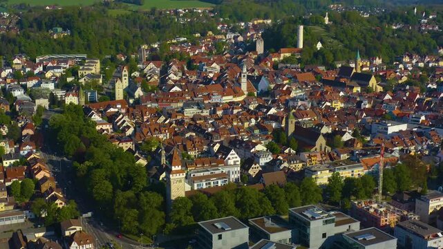 Aerial view of the city and old town in Ravensburg in south Germany on a sunny afternoon in Spring 