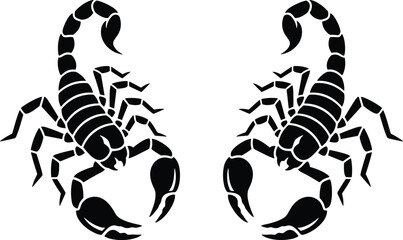 Symmetrical scorpion pair silhouette, dangerous desert arachnid vector illustration for tattoo, emblem, zodiac symbol, wildlife design