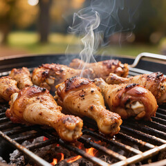 Chicken wings and meat pieces grilling on a charcoal barbecue with aromatic smoke. Image suitable for banner, restaurant menu, barbecue article, flyer, advertisement, or food website.
