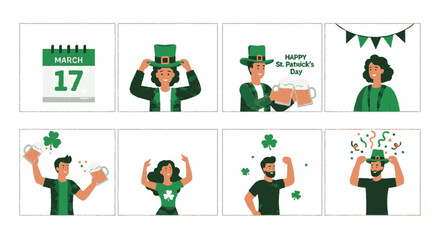 St patrick's day celebration illustrations with people in green shamrocks and festive decorations on white background
