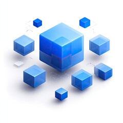 Fototapeta premium Abstract composition of blue cubes floating on a white background, connected by dots