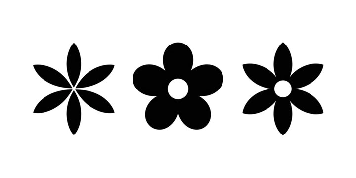Three different types of stylized black and white flowers with five petals each Vector