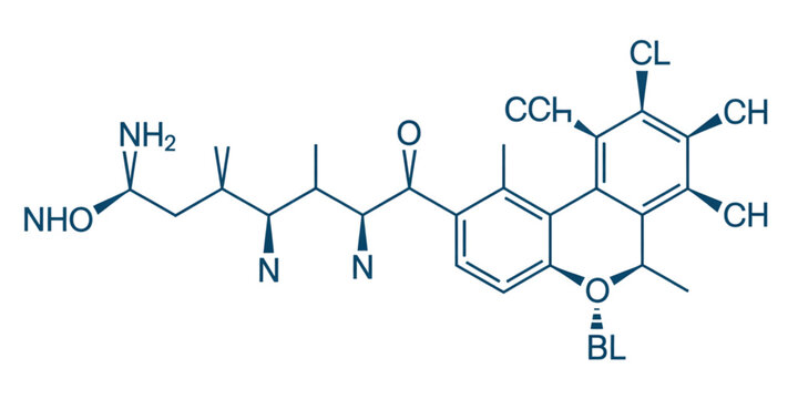 Chemical structure of a complex organic molecule with various functional groups Vector