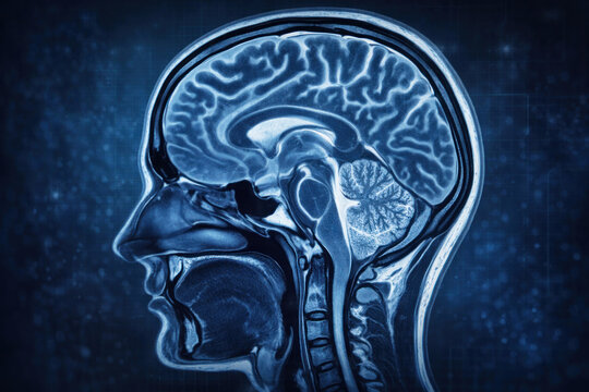 Detailed medical visualization of the human brain and head in sagittal section resembling MRI or CT scan imagery.  