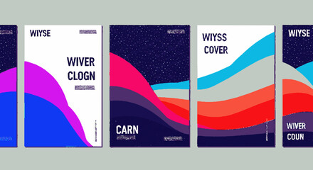 Vibrant abstract wave brochure covers with colorful gradient designs on gray background