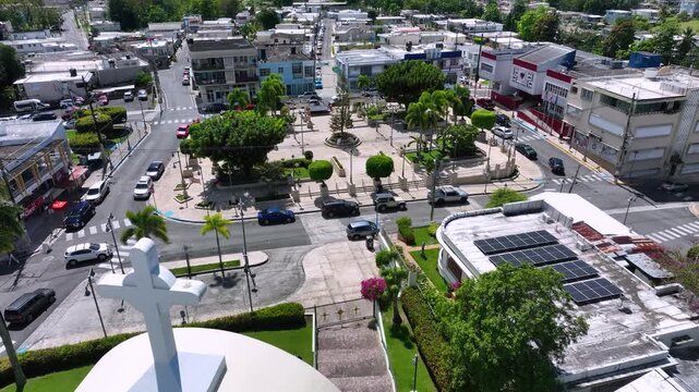 Aerial video of Town Square, and Parroquia Nuestra Se&ntilde;ora de la Monserrate, Moca, PR 