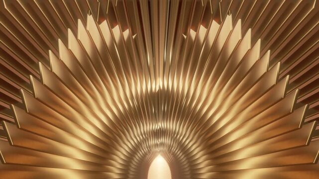 Elegant golden metallic radial fan pattern background. Shining bronze geometric symmetry luxury texture. Radiant light glowing center. Ideal for premium award backdrop corporate video.