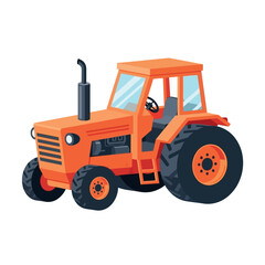 Obraz premium flat vector illustration of a modern orange farm tractor with a closed cabin, large rear wheels, and a prominent exhaust pipe.
